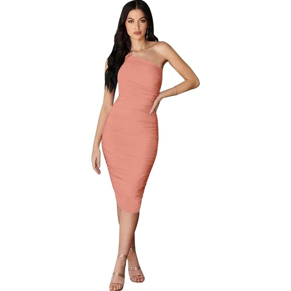 One Shoulder Bodycon Dress In Peach/ Pink NEW Party Dress - Picture 2 of 6